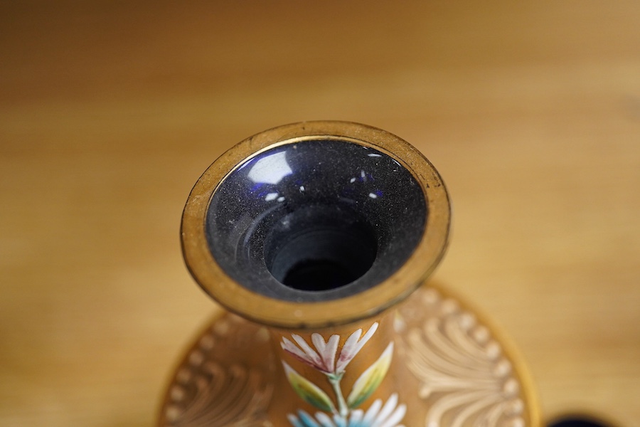 A Royal Worcester peacock painted jar and cover and a Bohemian blue glass decanter and six glasses, with gilt and enamel decoration, decanter 26cm high including stopper. Condition - finial to Worcester pot cover chipped